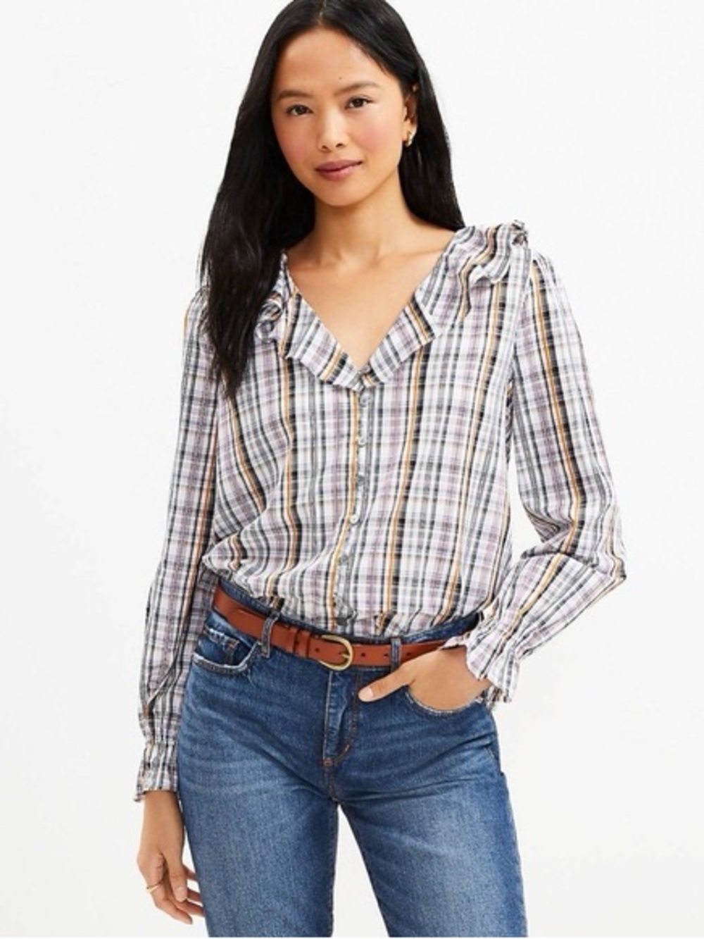 LOFT Multicolor Plaid Ruffle Collar V-Neck Button-Up Long Sleeve Top Preppy M